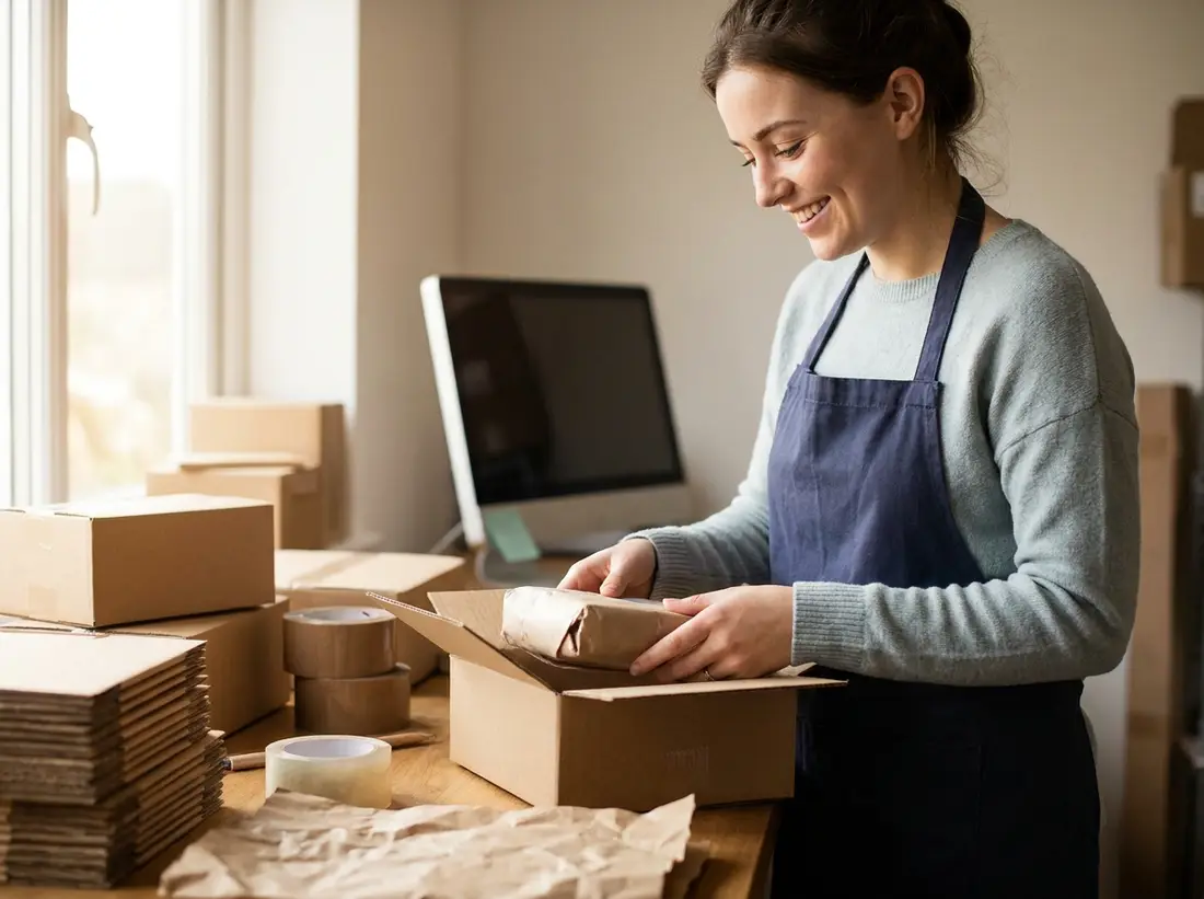 A founder smiling as she packs an order at her packing bench