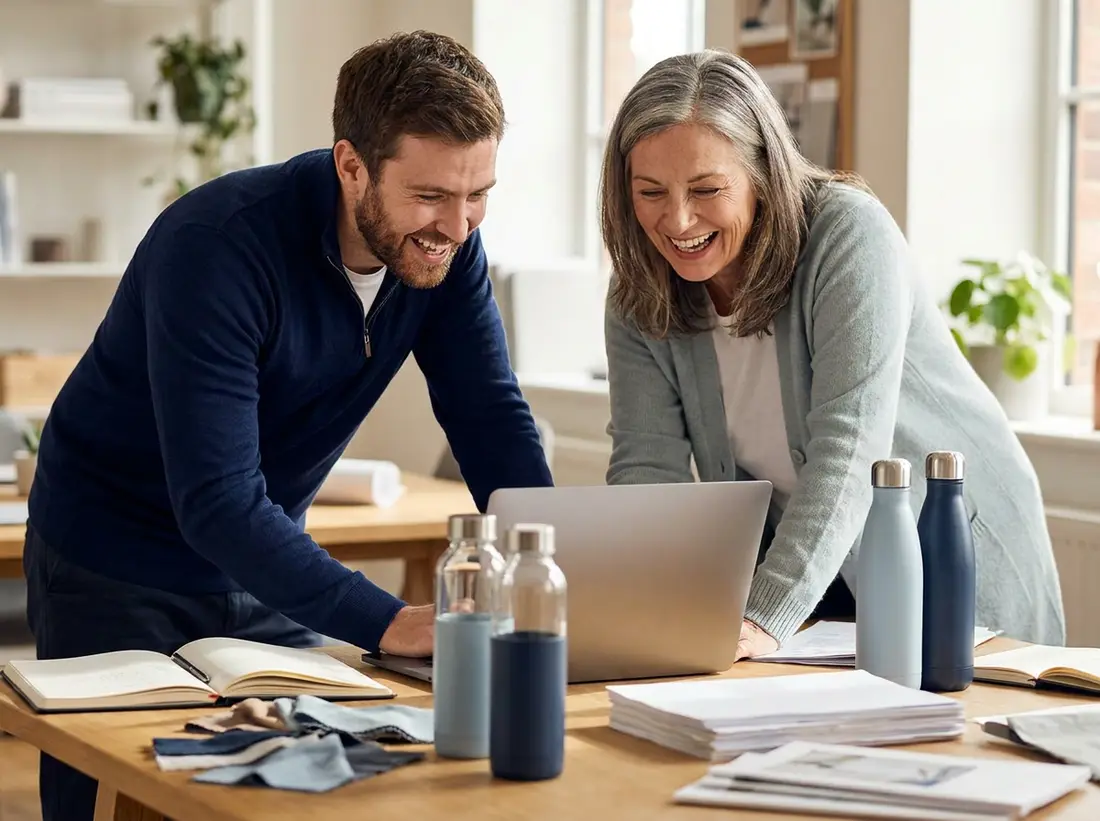 Two colleagues laughing as they look at product numbers on a laptop