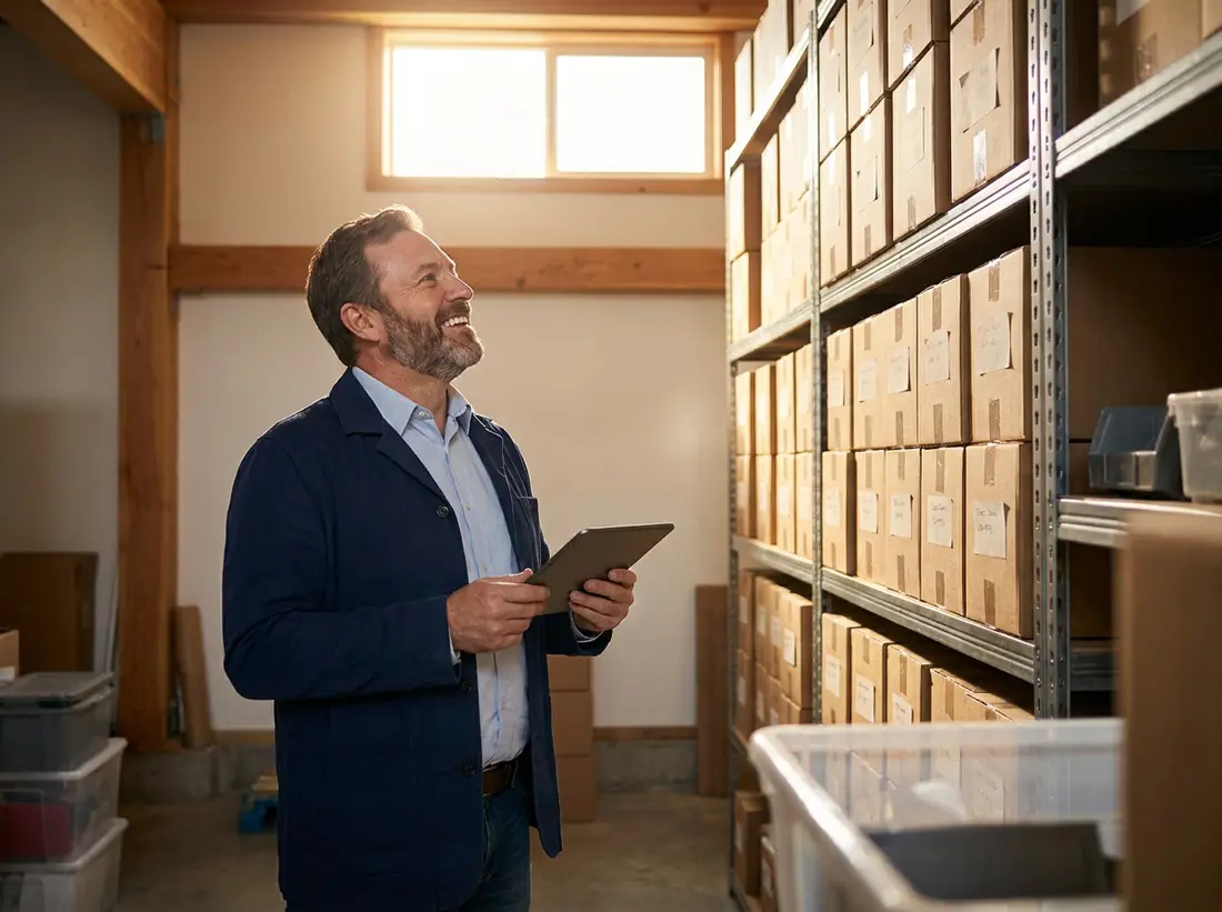 A stockroom manager smiling as he checks shelves against his tablet